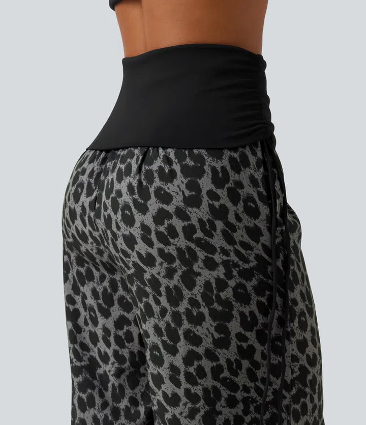 Foldover High Waisted Ruched Drawstring Baggy Leopard Print Casual Trousers with Pockets