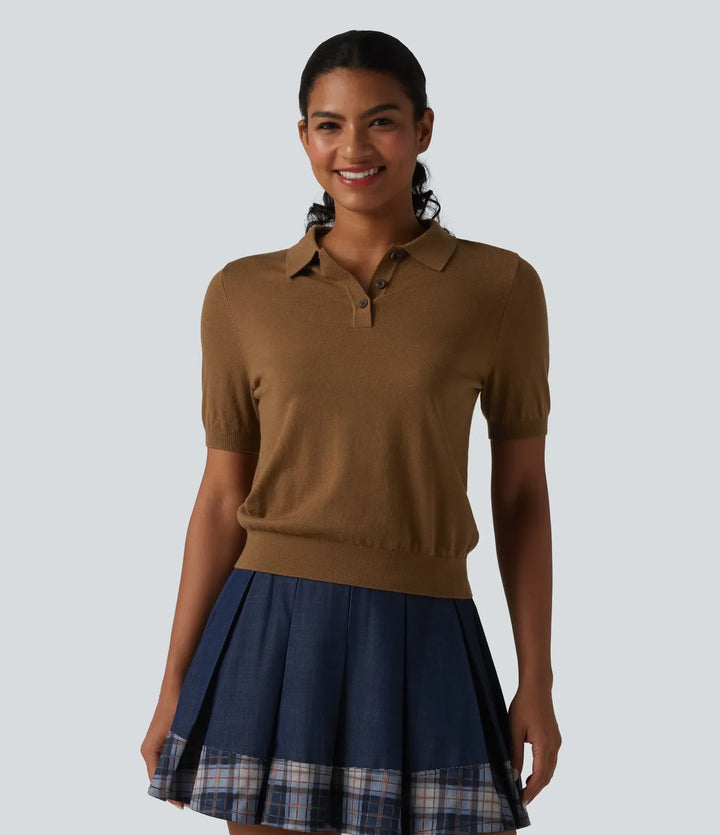 Polo Neck Short Sleeve Wool-Blend Casual Jumper