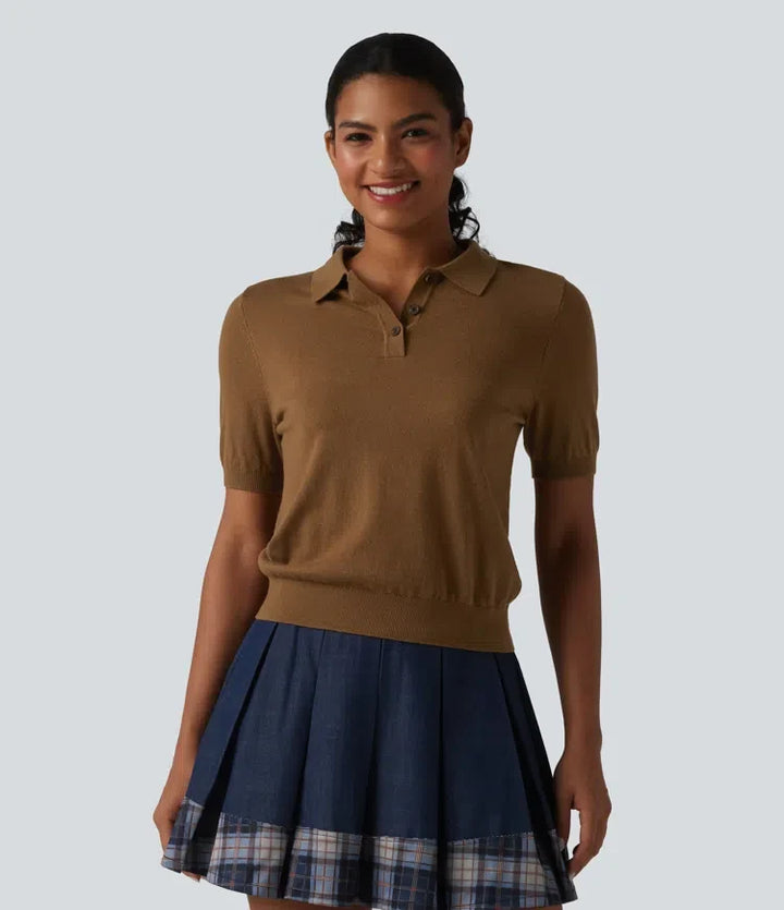 Polo Neck Short Sleeve Wool-Blend Casual Jumper