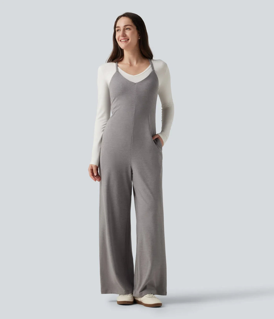 U-Neck Sleeveless Crisscross Back Casual Straight Leg Jumpsuit with Pockets