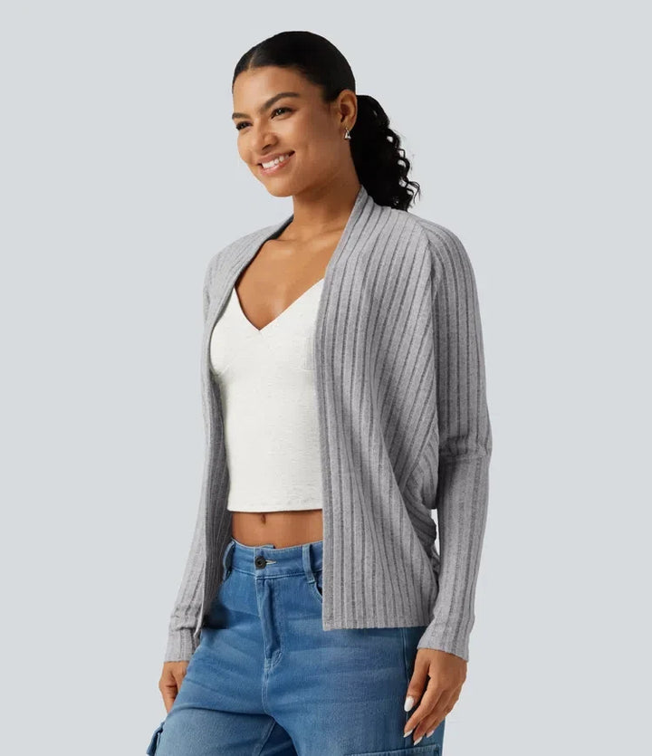 Ribbed Knit Open Front Batwing Long Sleeve Casual Cardigan