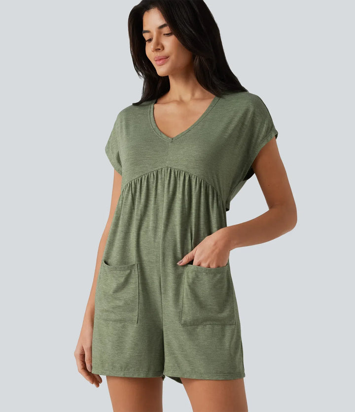 Cowl-back V-neck Cap Sleeve Heathered Casual Romper with Pockets-Easy Peezy