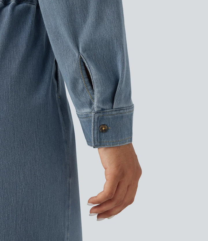 Halara Flex Long Sleeve Drawstring Wide Leg Washed Denim Casual Jumpsuit with Pockets-Easy Peezy Edition