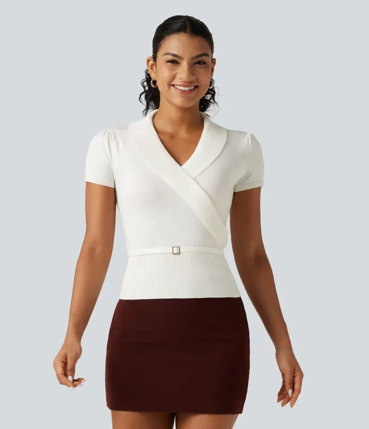 V Neck Short Sleeve Ruched Slim Casual Jumper
