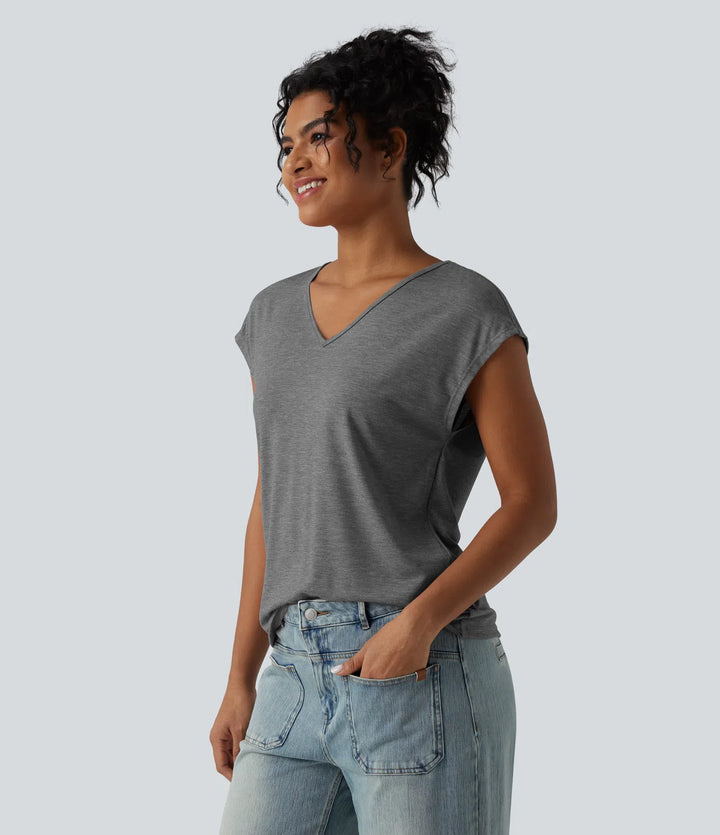 V Neck Short Sleeve Relaxed Heathered Casual T-Shirt