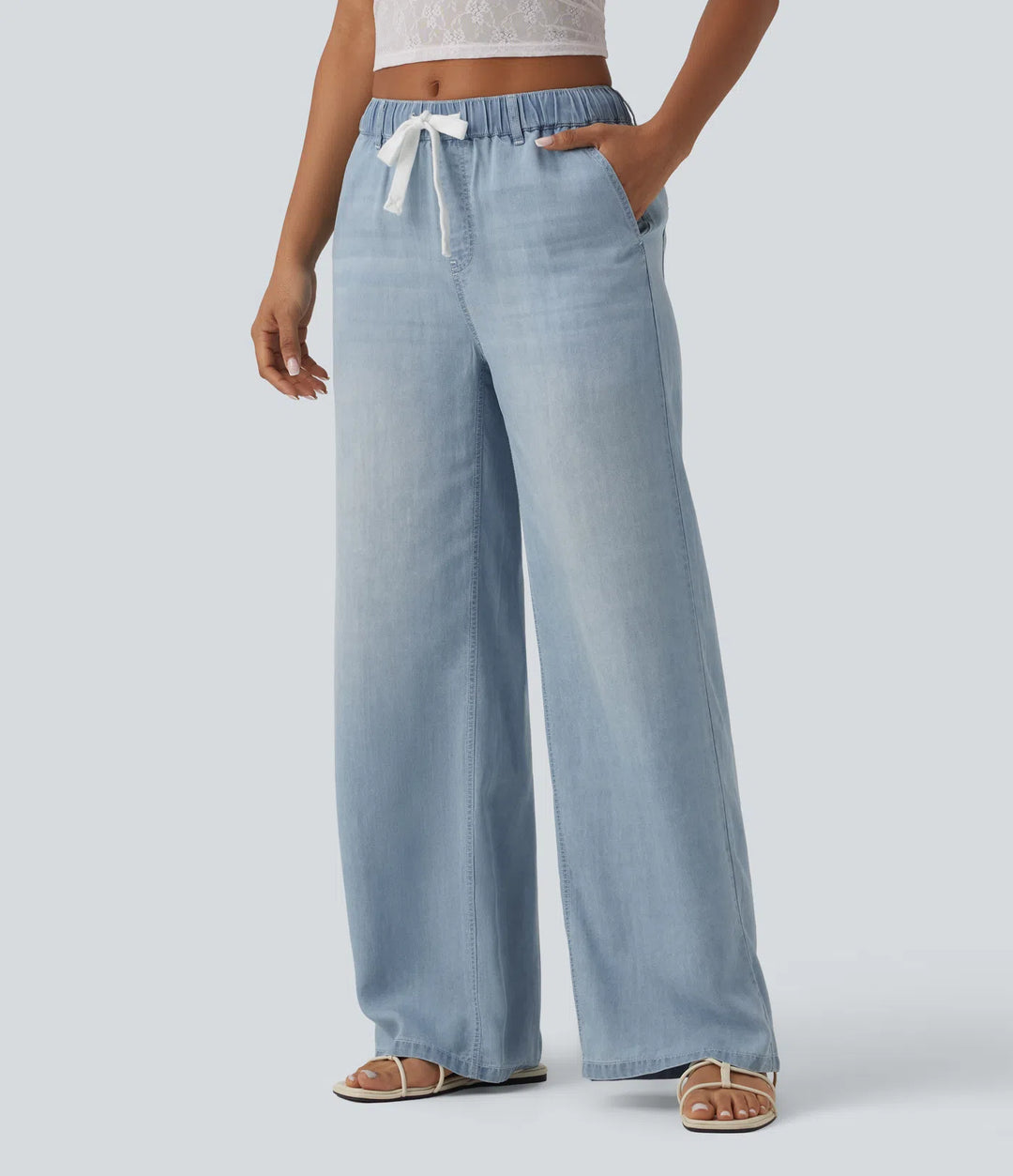 Halara Flex Mid Rise Drawstring Lyocell Washed Casual Jeans with Pockets