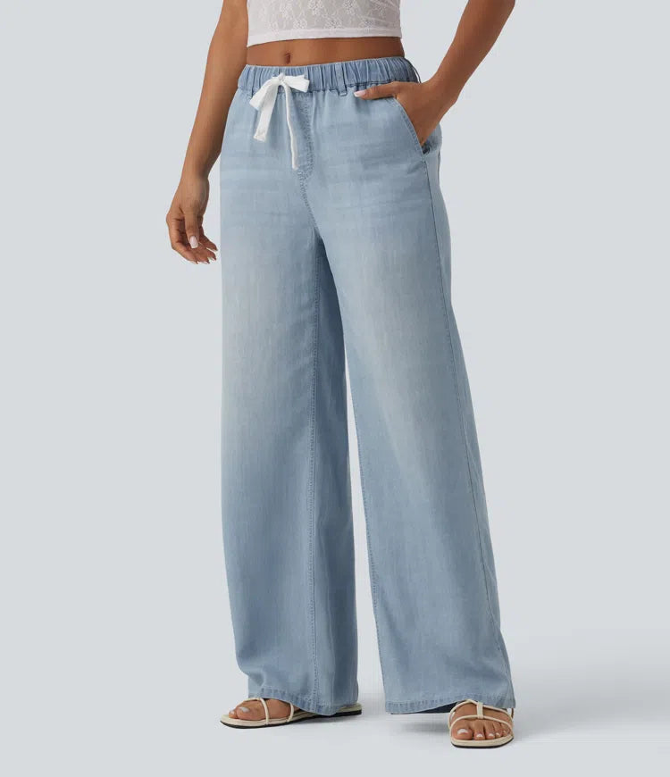 Halara Flex Mid Rise Drawstring Lyocell Washed Casual Jeans with Pockets