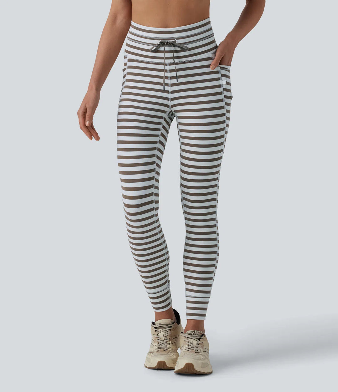 High Waisted Drawstring Stripe Yoga Leggings with Pockets