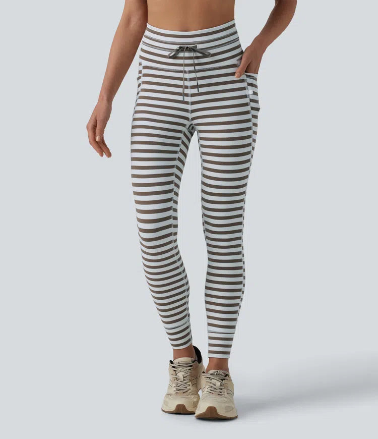 High Waisted Drawstring Stripe Yoga Leggings with Pockets