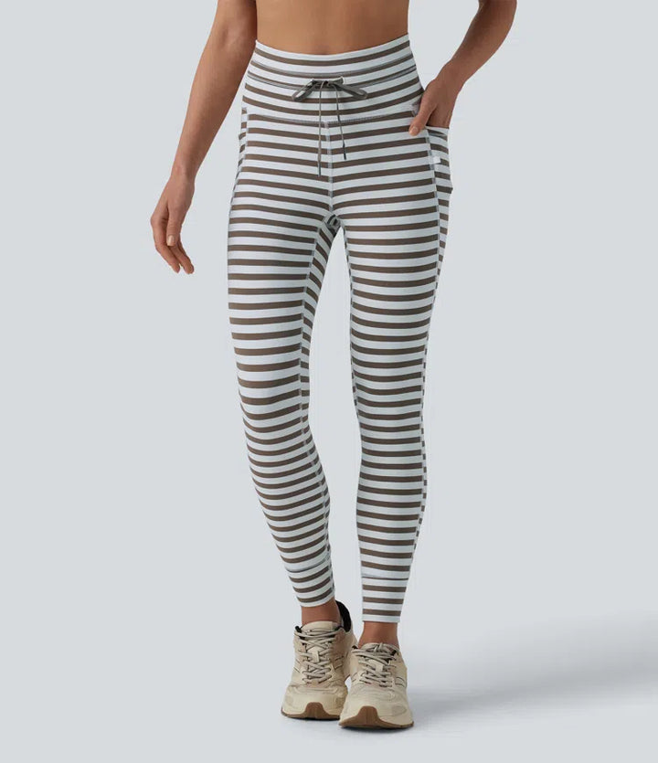 High Waisted Drawstring Stripe Yoga Leggings with Pockets