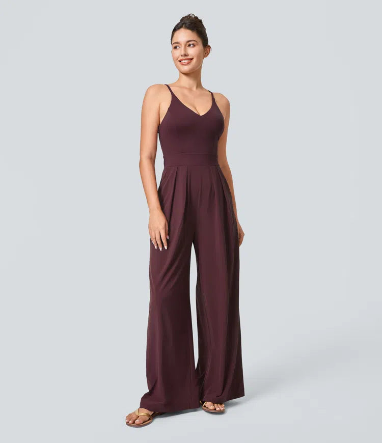 Breezeful Backless Side Invisible Zipper Pocket Wide Leg Quick Dry Resort Slip Jumpsuit