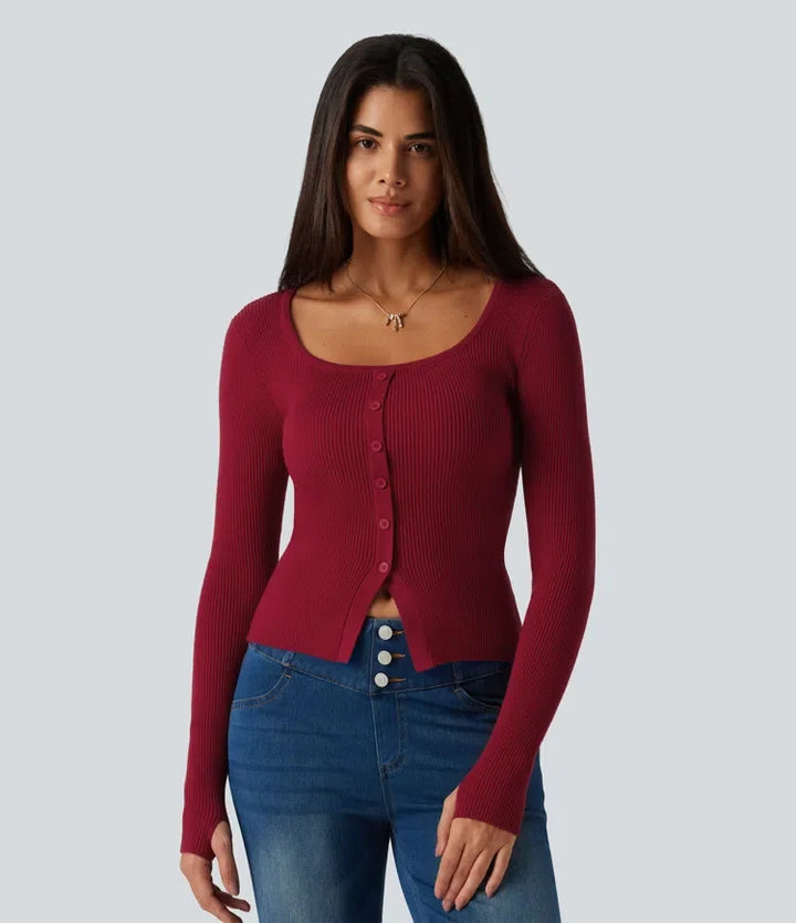 Square Neck Long Sleeve Thumb Hole Casual Jumper