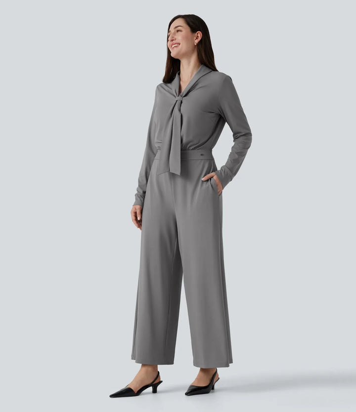 V Neck Long Sleeve Wide Leg Work Jumpsuit with Pockets-Easy Peezy Edition