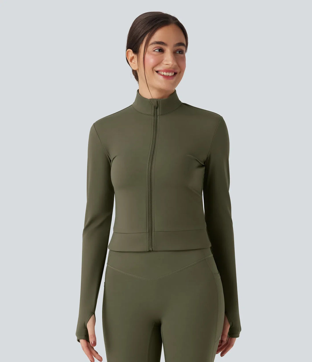 SoftlyZero Plush Stand Collar Long Sleeve Thumb Holes Crossover Back Yoga Jackets