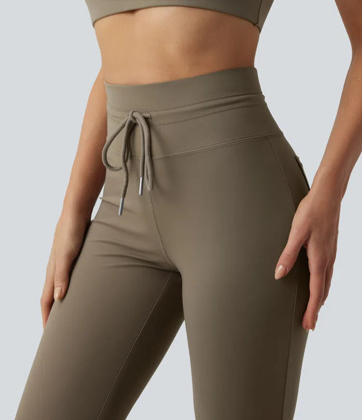 High Waisted Drawstring Plain Flared Yoga Trousers with Pockets