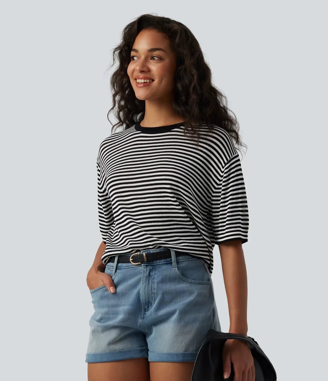 Round Neck Short Sleeve Stripe Casual Linen-Feel Jumper