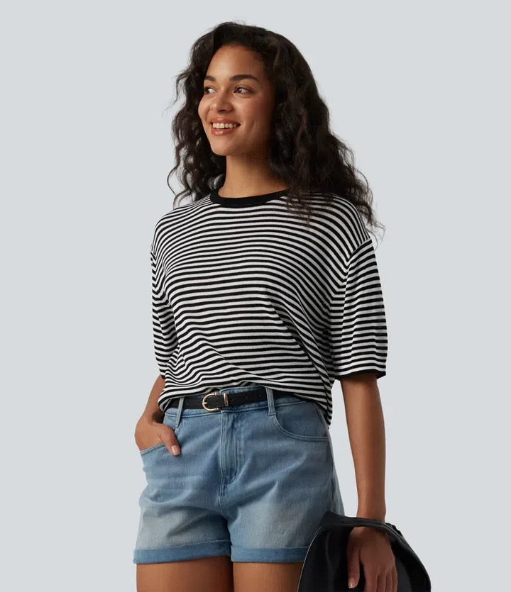 Round Neck Short Sleeve Stripe Casual Linen-Feel Jumper