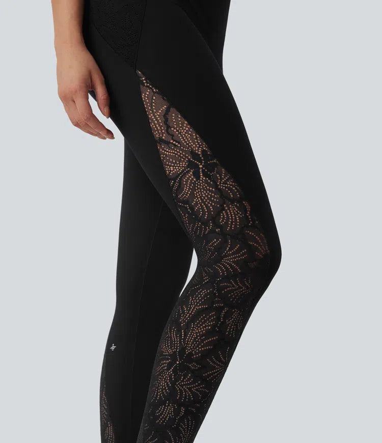 Halara UltraSculpt High Waisted Tummy Control Contrast Lace Shaping Training Leggings with Pockets
