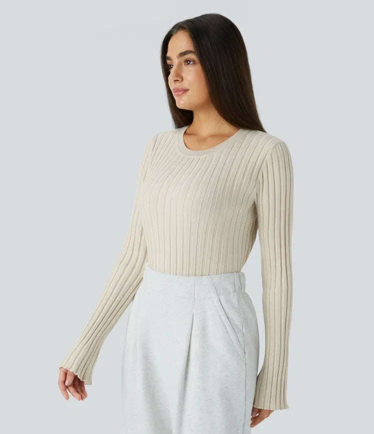 Round Neck Long Sleeve Frill Casual Jumper