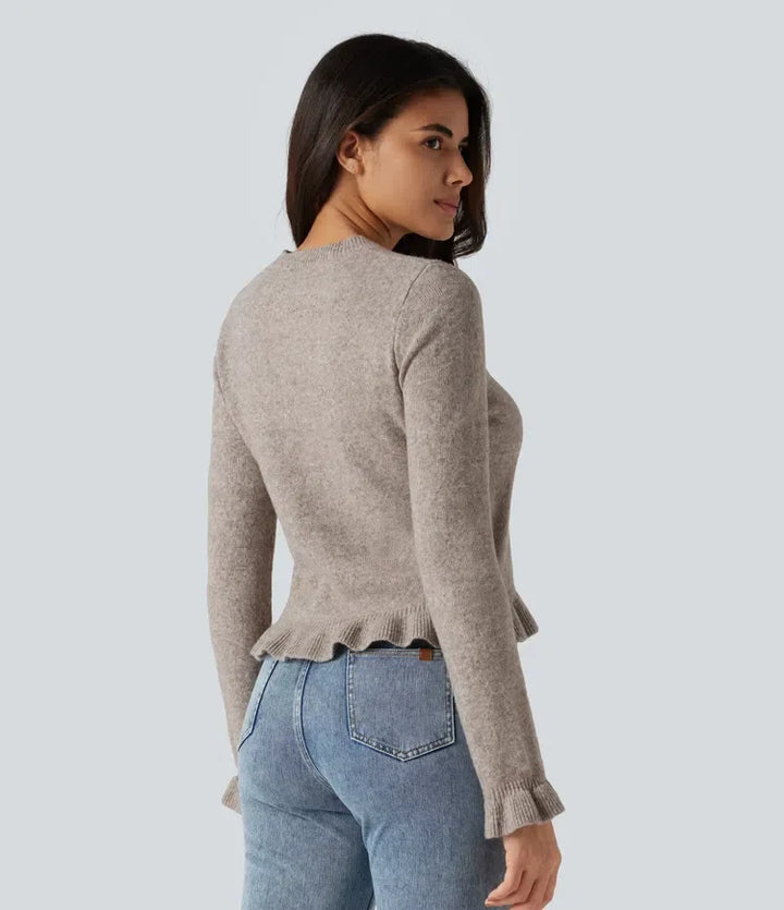 Round Neck Ruffle Long Sleeve Work Wool-Blend Cardigan