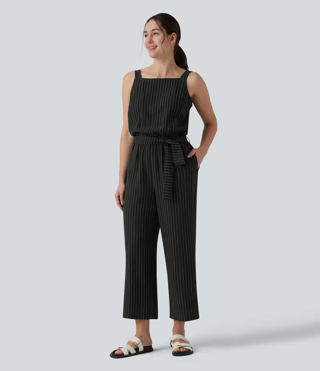 Square Neck Adjustable Straps Sleeveless Belted Stripes Casual Linen-Feel Jumpsuit with Pockets-Easy Peezy