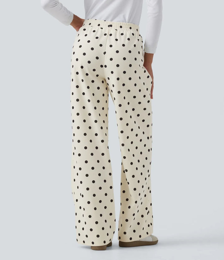 Mid Rise Polka Dot Straight Leg Corduroy Casual Trousers with Pockets