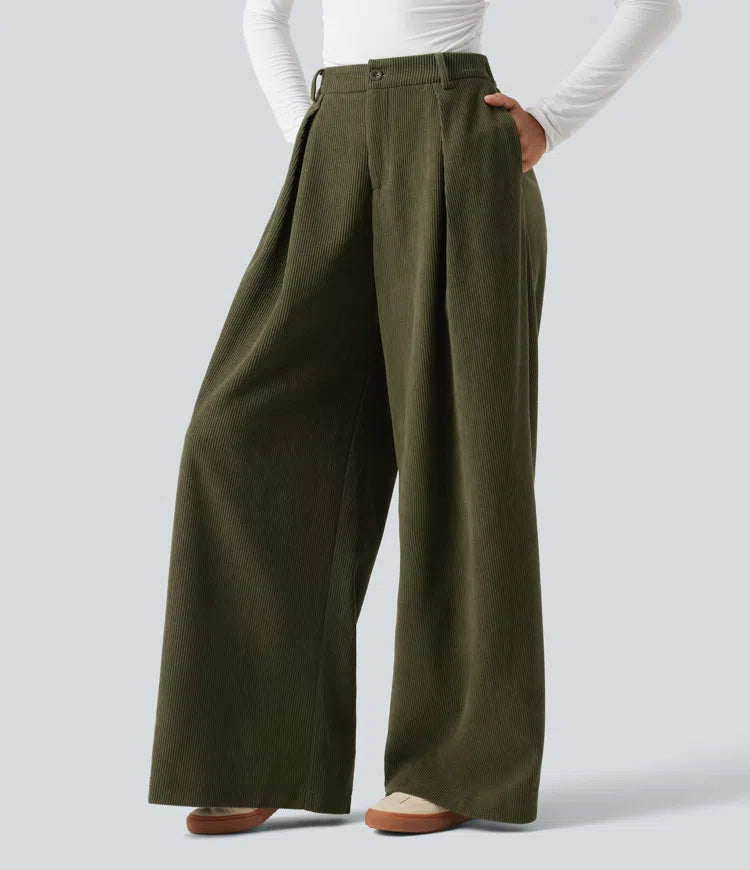 High Waisted Baggy Corduroy Casual Trousers with Pockets