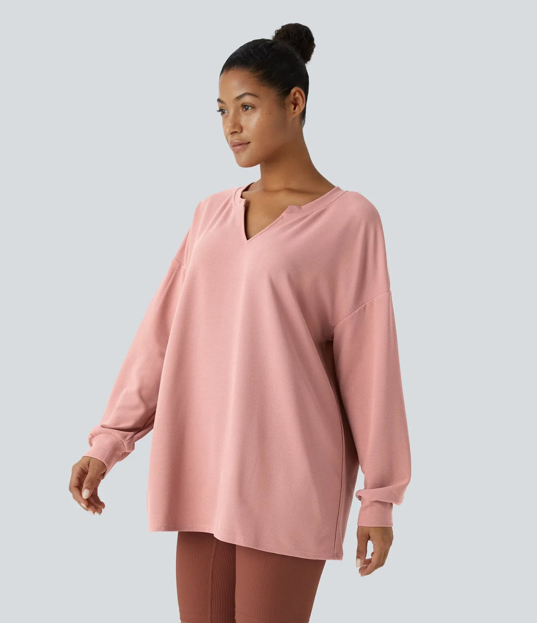 V Neck Dropped Shoulder Relaxed Waffle Casual Sweatshirt