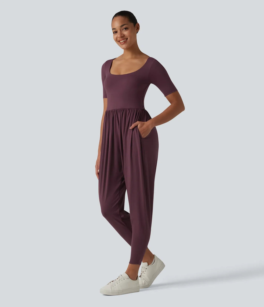 SoftlyZero Airy Scoop Neck Short Sleeve Built-in Bra InstantCool Casual Jumpsuit with Pockets-Easy Peezy Edition