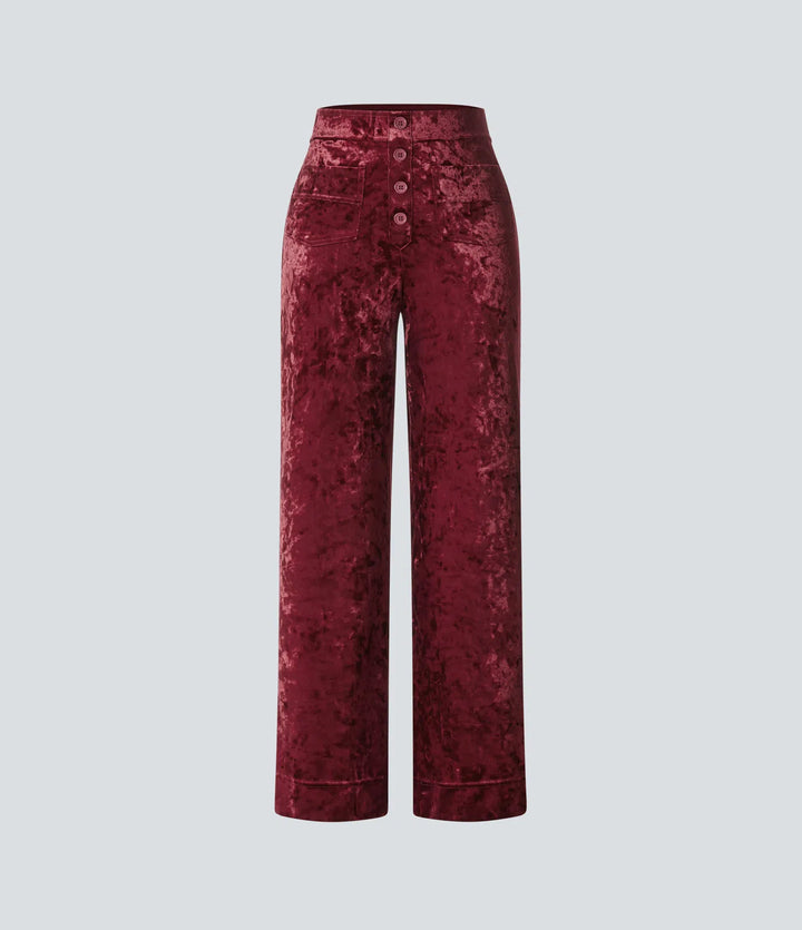 High Waisted Pockets Straight Leg Velvet Casual Trousers