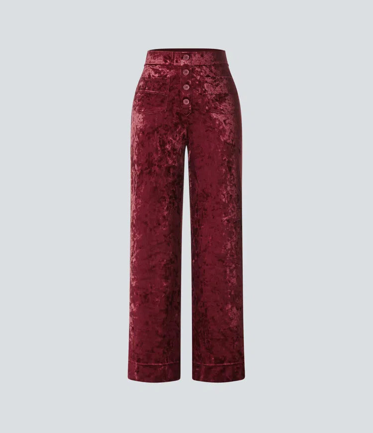 High Waisted Pockets Straight Leg Velvet Casual Trousers