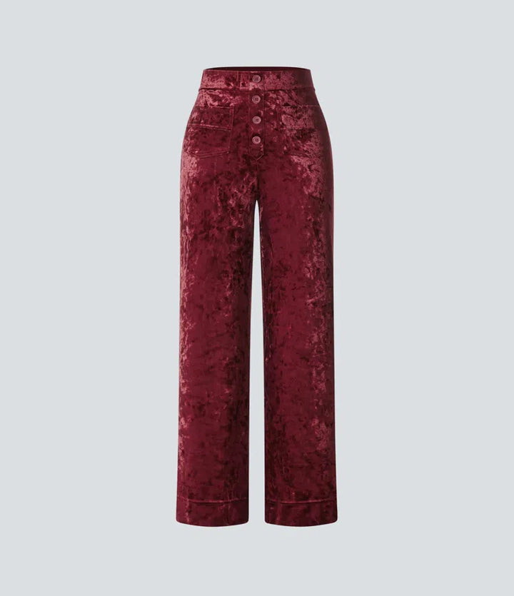 High Waisted Pockets Straight Leg Velvet Casual Trousers
