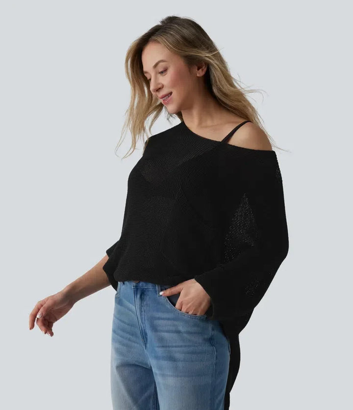 One-shoulder Half Sleeve Split Hem Oversize Casual Jumper with Pocket