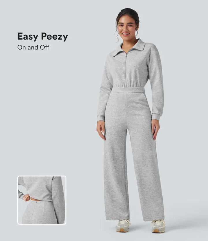 Lapel Zip Long Sleeve Casual Jumpsuit with Pockets-Easy Peezy