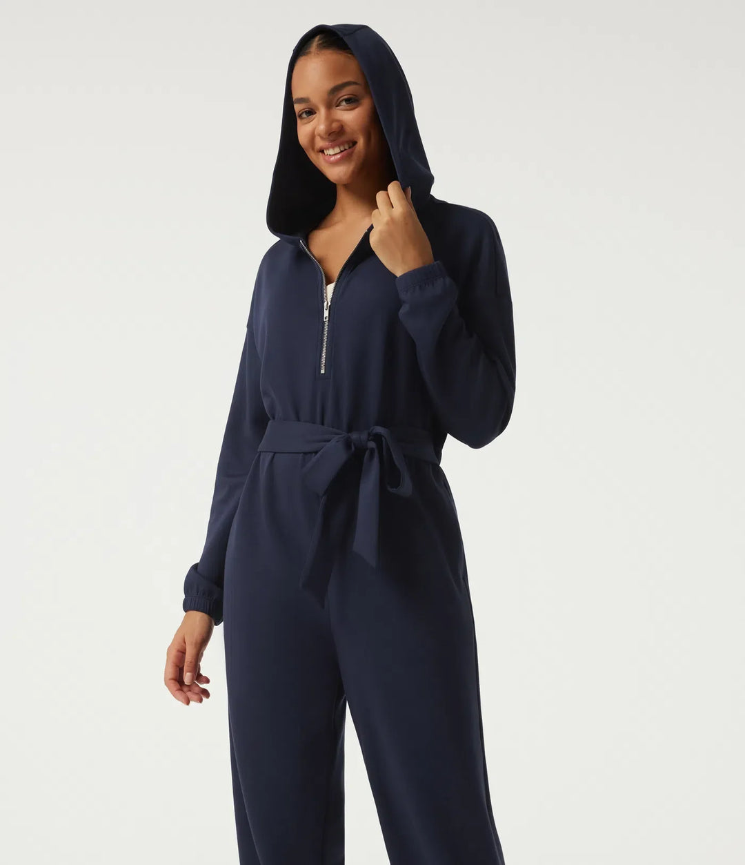 Hooded Dropped Long Sleeve Half Zip Tie Front Casual Jogger Jumpsuit with Pockets-Easy Peezy Edition