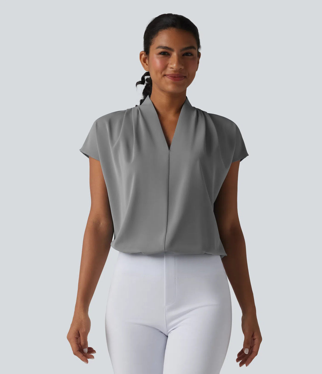Wrinkle Recovery V-neck Batwing Sleeve Loose Fit Work Blouse