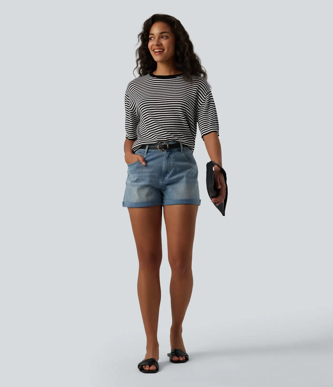 Round Neck Short Sleeve Stripe Casual Linen-Feel Jumper