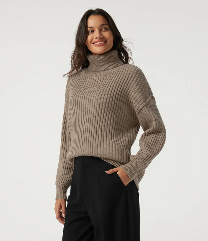 High Neck Long Sleeve Dropped Shoulder Casual Wool-Blend Jumper