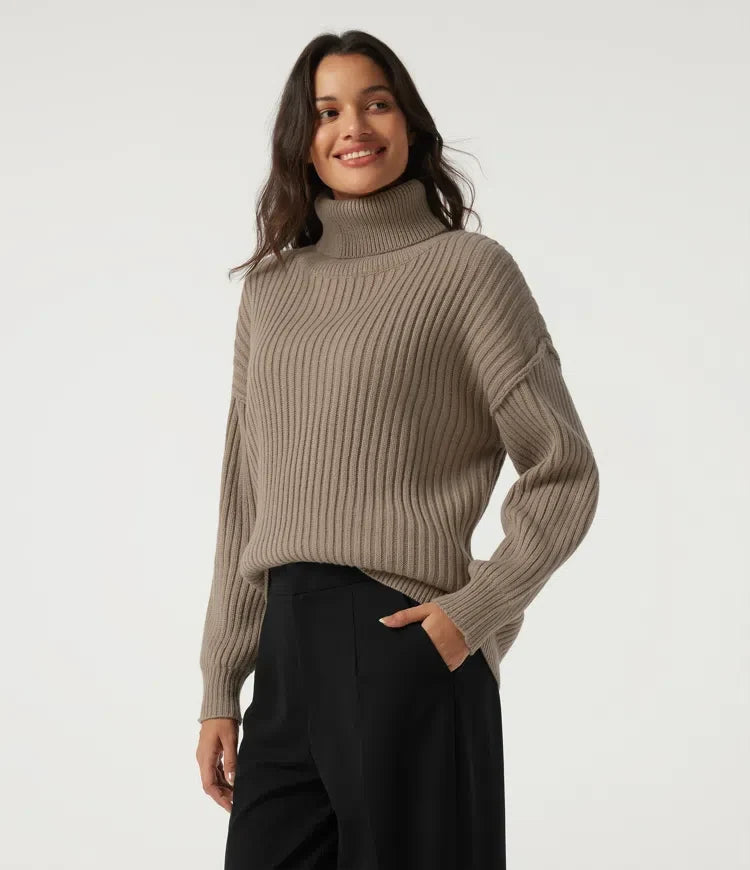 High Neck Long Sleeve Dropped Shoulder Casual Wool-Blend Jumper