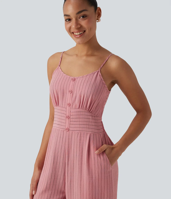 Tie Back Cut Out Stripe Linen-Feel Slip Jumpsuit with Pockets