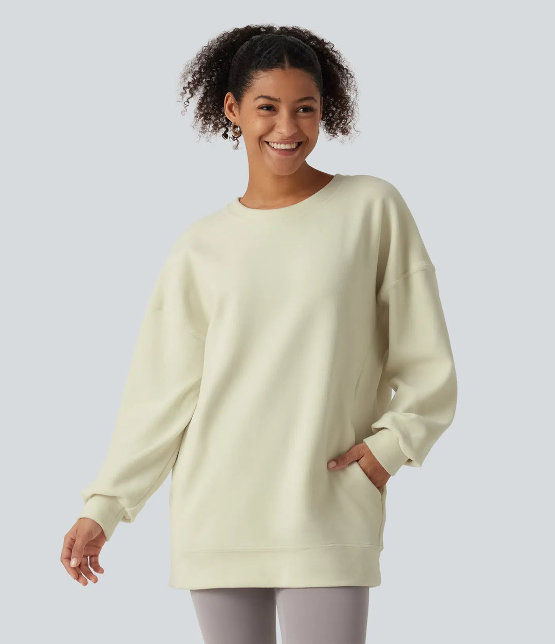 Round Neck Long Sleeve Crisscross Back Fleece Casual Sweatshirt with Pockets