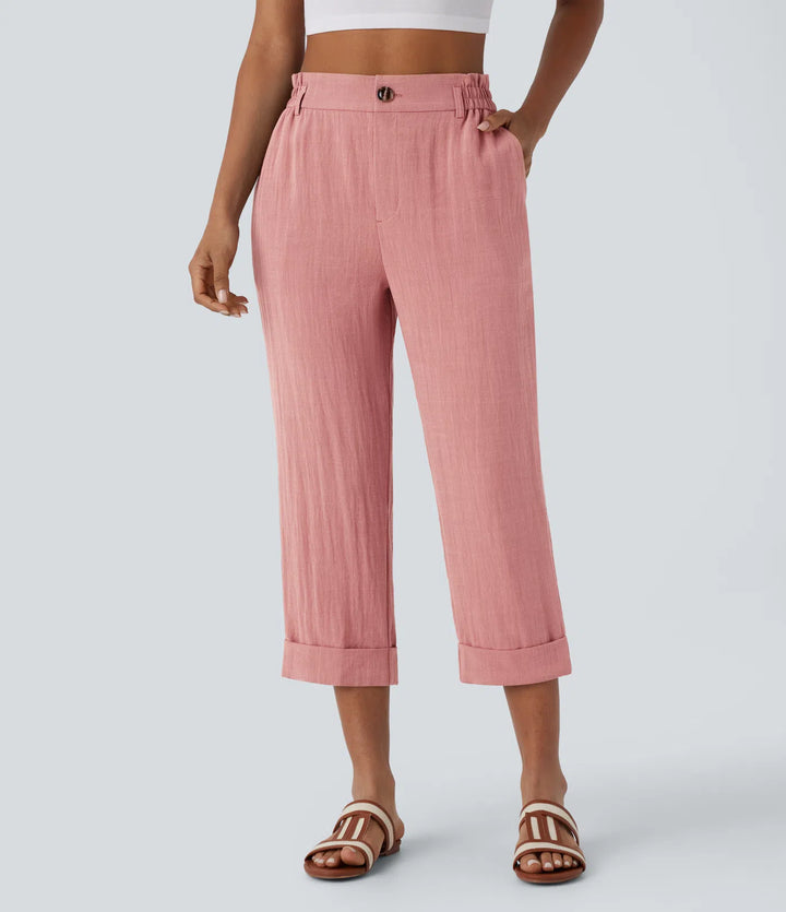 High Waisted Zipper Pocket Cropped Linen-Feel Trousers