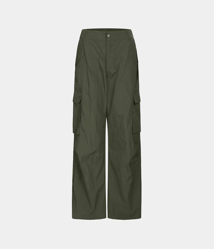 Mid Rise Button Zipper Side Pocket Wide Leg Casual Cargo trousers
