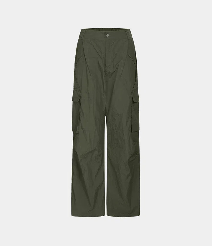 Mid Rise Button Zipper Side Pocket Wide Leg Casual Cargo trousers