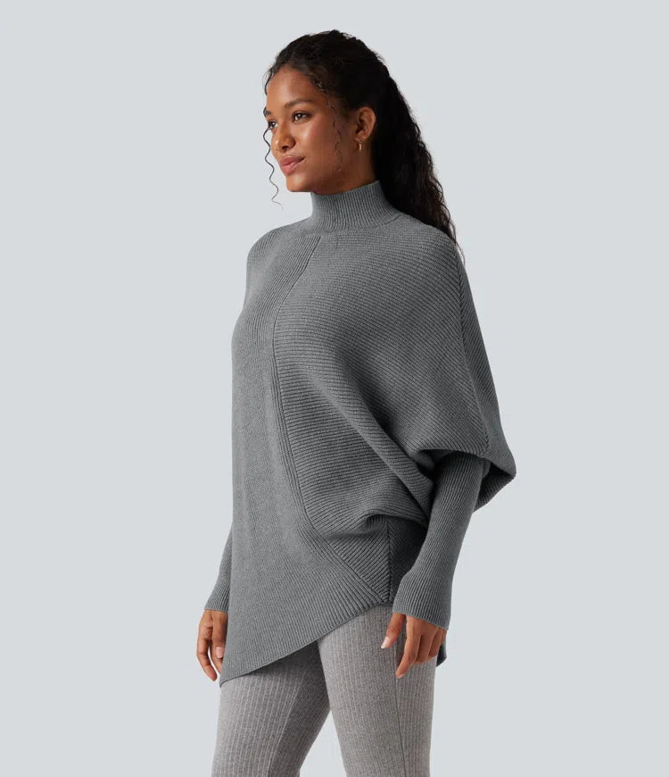 High Neck Batwing Long Sleeve Asymmetric Hem Work Jumper