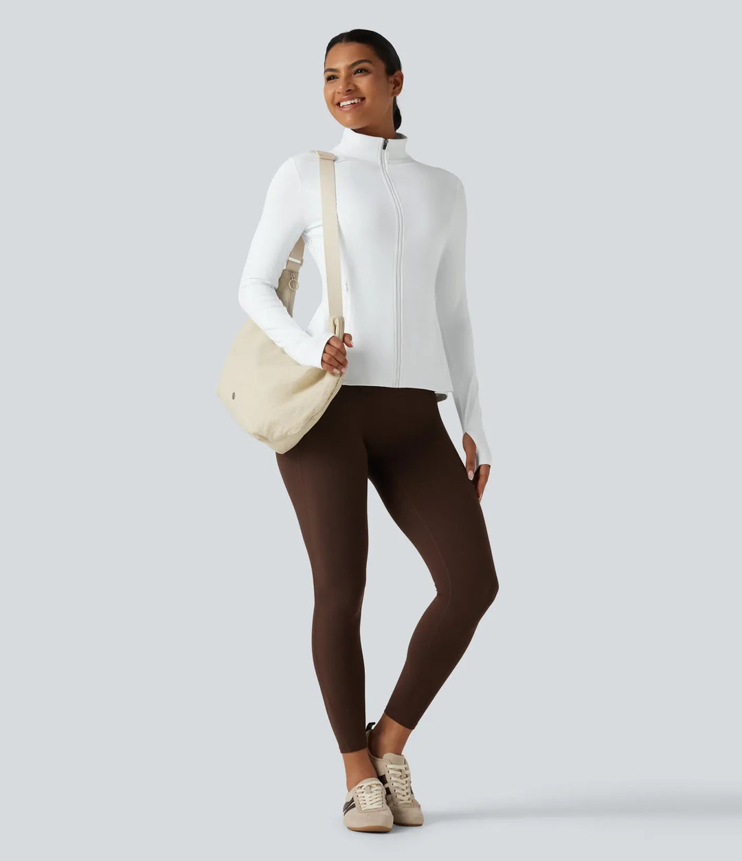 SoftlyZero Airy Stand Collar Long Sleeve Thumb Hole Eyelet Ruffle Hem InstantCool Yoga Jacket with Pockets-UPF50+