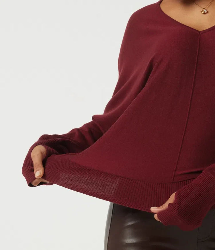 V Neck Batwing Long Sleeve Casual Jumper with Thumbholes