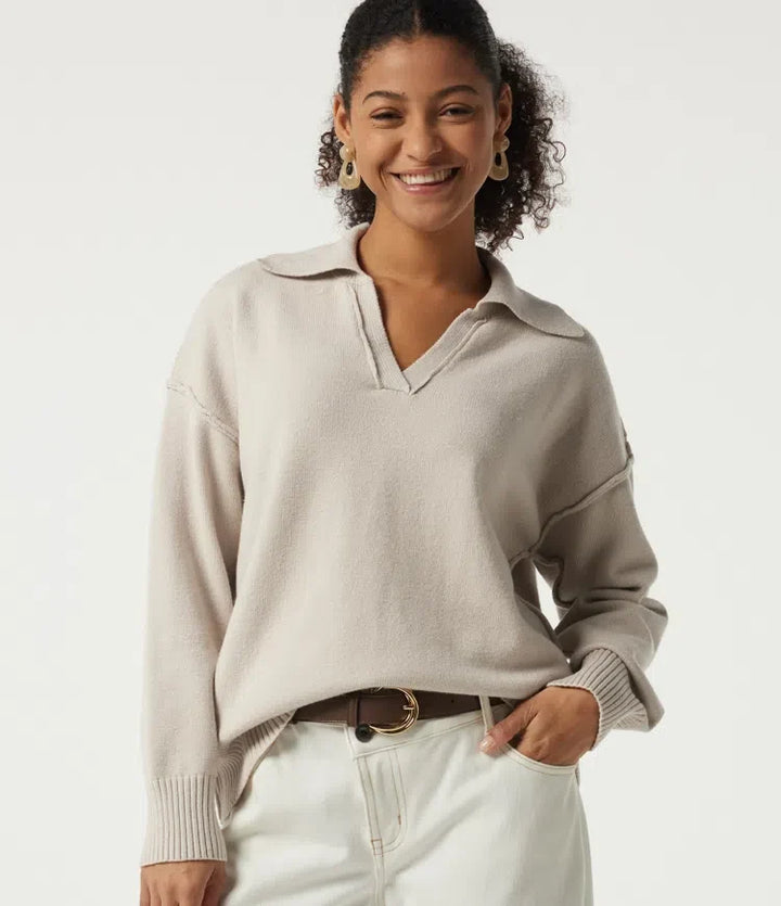 Polo Neck Long Sleeve Dropped Shoulder Casual Jumper