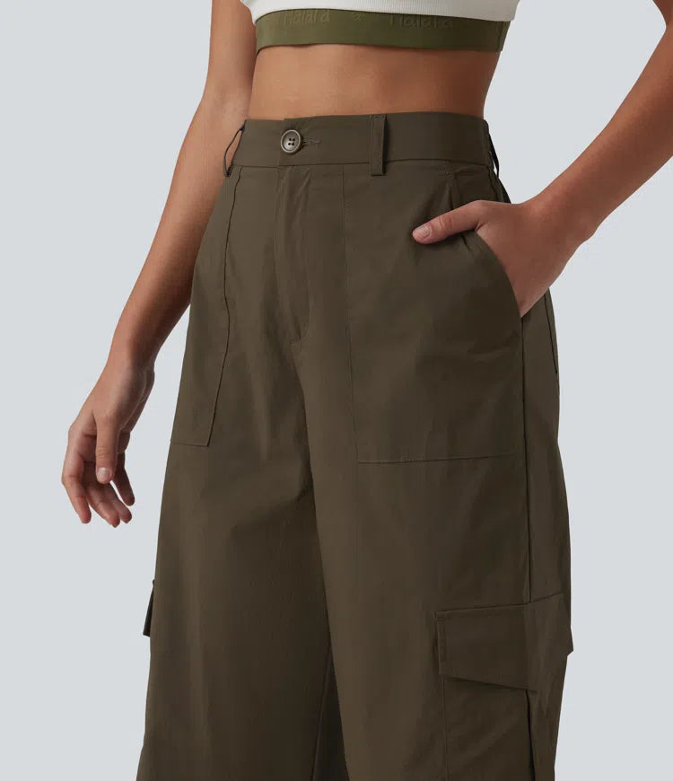 High Waisted Hiking Cargo Straight Leg Trousers with Pockets