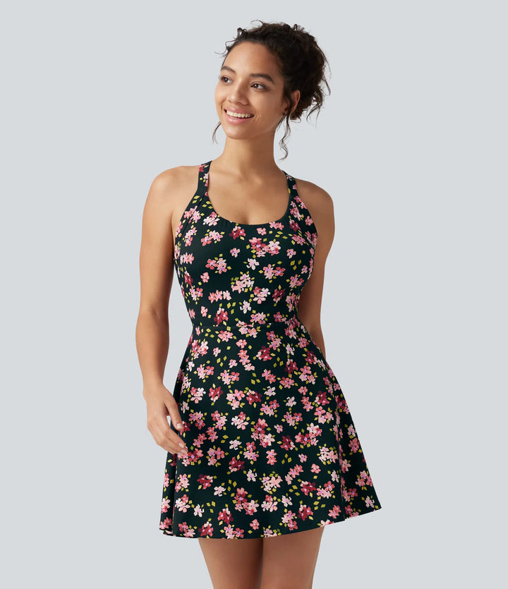 Built-in Bra 2-in-1 Ditsy Floral Mini Dance Active Dress with Pockets-Easy Peezy Edition